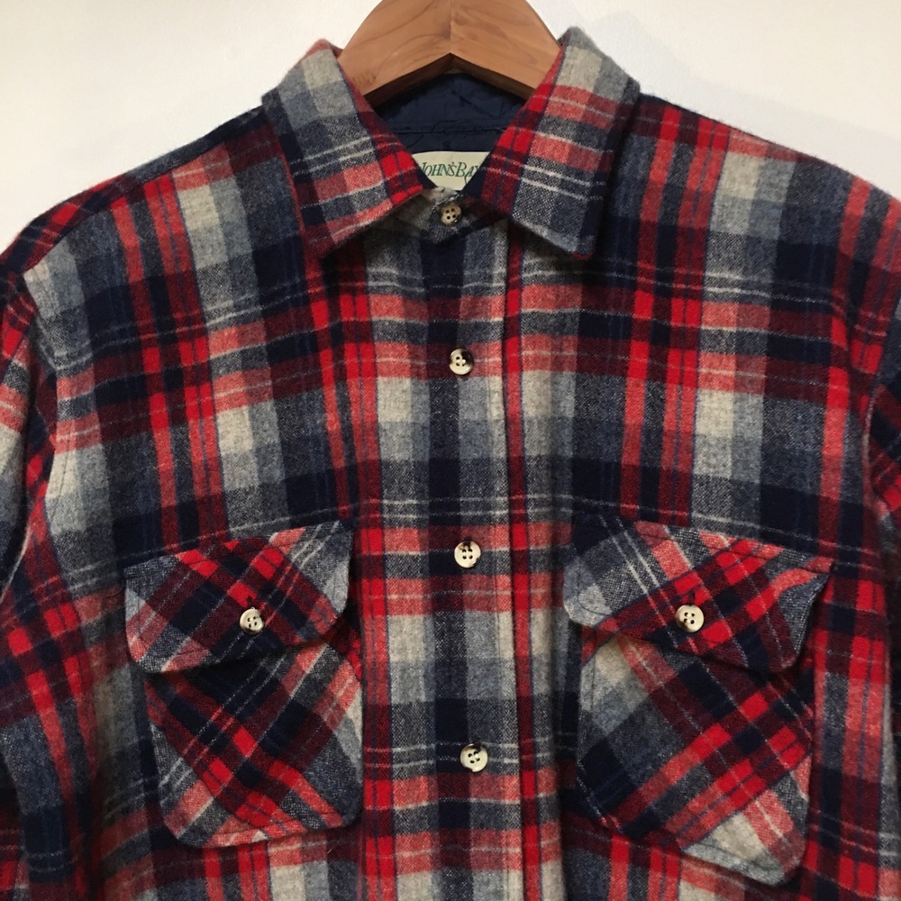 St John's Bay 100% Wool Shirt Mens Large Tall Red Blue Plaid Vintage Long Sleeve - Picture 2 of 12